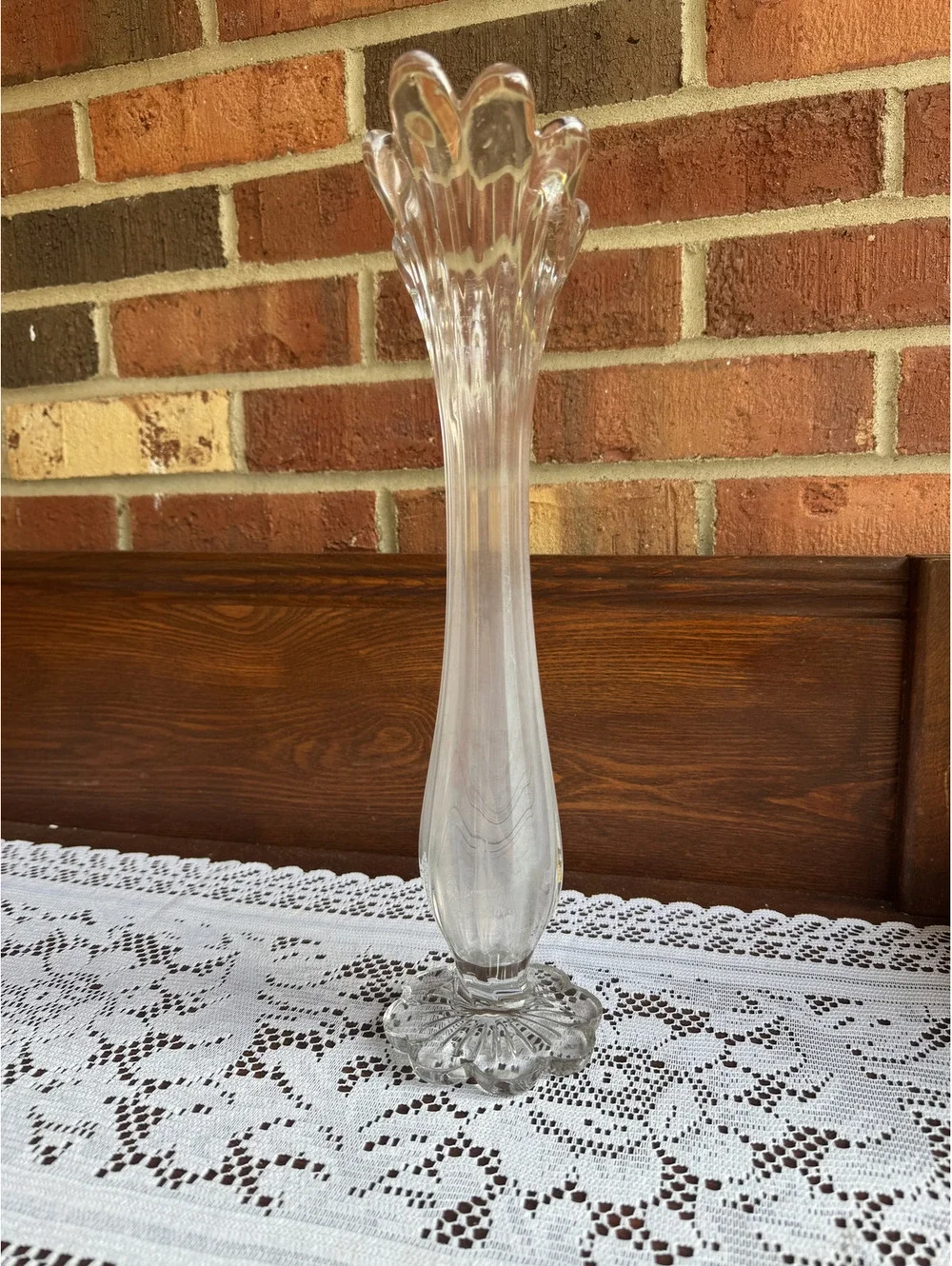 Vintage Clear Swung Glass Bud Vase with Scalloped Top and Floral Base